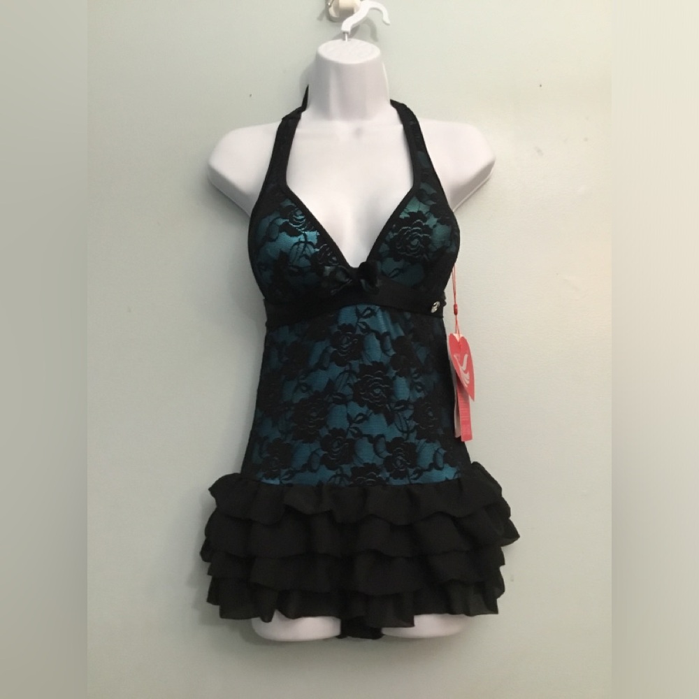 SANQI Teal and Black Lace Halter One-Piece Swimdress